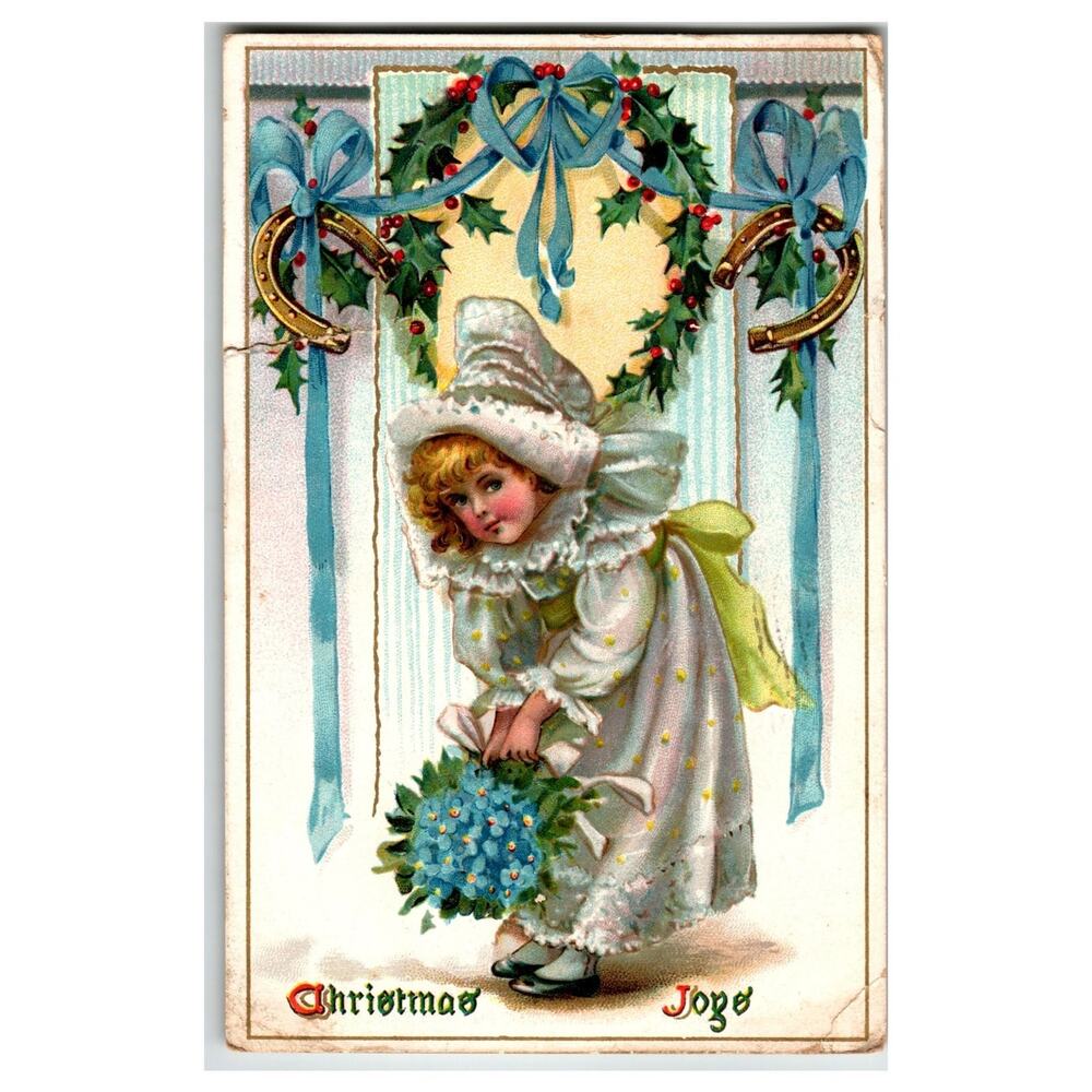 Raphael Tuck Christmas Joye Girl Holly Wreath Horseshoe Postcard 1910